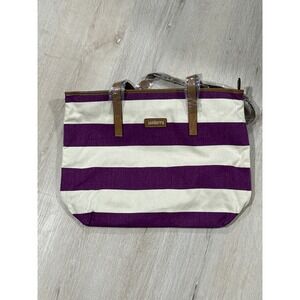 Jamberry Canvas Striped Tote Bag Purple Cream Brown Trim Zipper Top Large